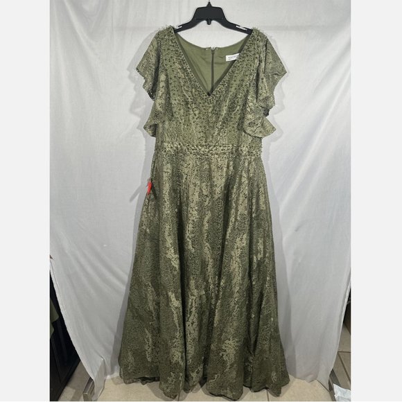 NWT $798 Mac Duggal [ 16‎ ] Embroidered Flutter Sleeve V-Neck Gown Olive Green - Picture 6 of 16